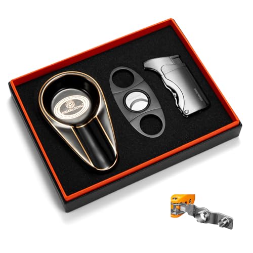 Zigarrenfeuerzeug mit Zigarrenschneider & Zigarren Aschenbecher Set, 3 in 1 Sturmfeuerzeug Edelstahl Zigarren Cutter Classic Ceramic Aschenbecher, Perfektes Zigarrenzubehör mit Geschenkbox (Silber) Zigarrenfeuerzeug mit Zigarrenschneider & Zigarren Aschenbecher Set, 3 in 1 Sturmfeuerzeug Edelstahl Zigarren Cutter Classic Ceramic Aschenbecher, Perfektes Zigarrenzubehör mit Geschenkbox (Silber) von CLZOONG
