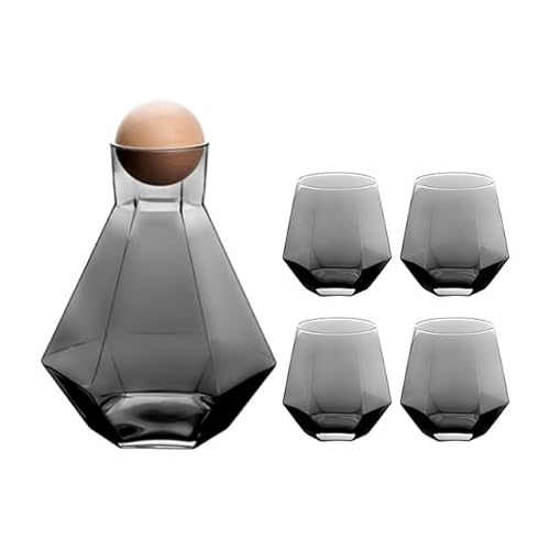 Karaffe 1 Set Luxus-Wasserkocher aus rautenförmigem Glas mit Kugeldeckel aus Naturholz, durchsichtiger Krug for kaltes Wasser, Saft-Getränkekrug, Heimgetränk Wasserkaraffe (Color : Gray Set) von CLoxks