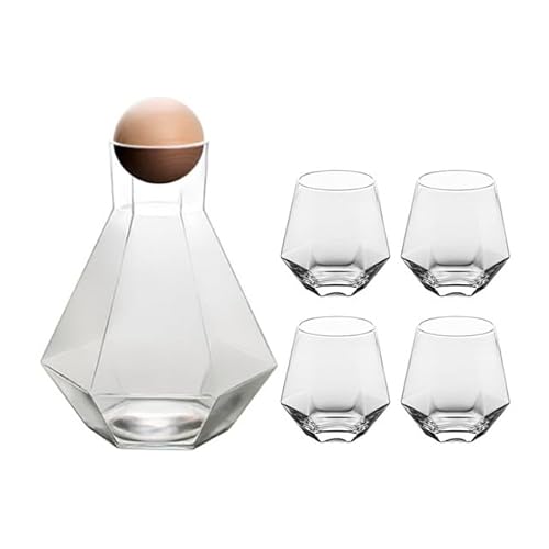 Karaffe 1 Set Luxus-Wasserkocher aus rautenförmigem Glas mit Kugeldeckel aus Naturholz, durchsichtiger Krug for kaltes Wasser, Saft-Getränkekrug, Heimgetränk Wasserkaraffe (Color : Transparent Set) von CLoxks