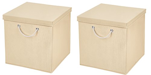 2 Stück Creme Faltbox 30 x 30 x 30 cm Aufbewahrungsbox faltbar mit Kordel und mit Deckel von CM3