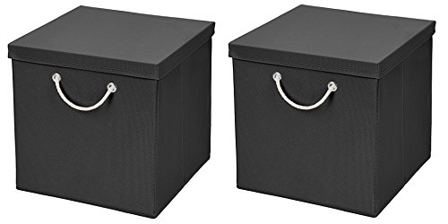 CM3 2 Stück Schwarz Faltbox 30 x 30 x 30 cm Aufbewahrungsbox faltbar mit Kordel und mit Deckel von CM3