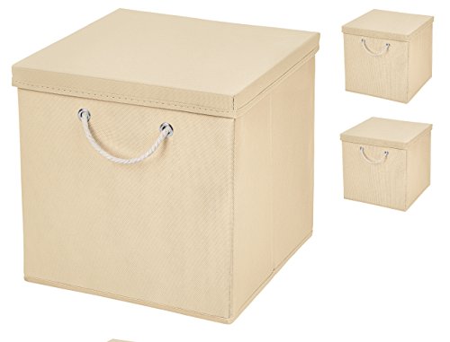 3 Stück Creme Faltbox 30 x 30 x 30 cm Aufbewahrungsbox faltbar mit Kordel und mit Deckel von CM3