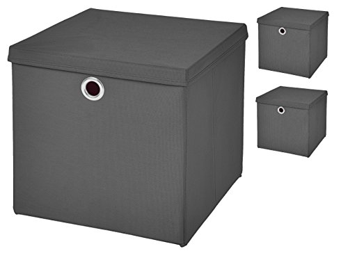 CM3 3 Stück Dunkelgrau Faltbox 32 x 32 x 32 cm Aufbewahrungsbox faltbar mit Deckel von CM3