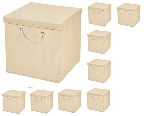 9 Stück Creme Faltbox 30 x 30 x 30 cm Aufbewahrungsbox faltbar mit Kordel und mit Deckel von CM3