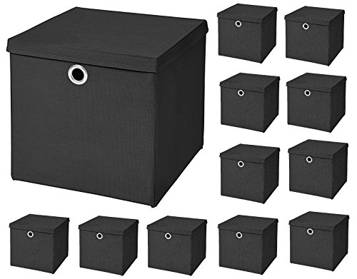 CM3 12 Stück Schwarz Faltbox 33 x 33 x 33 cm Aufbewahrungsbox faltbar mit Deckel von CM3