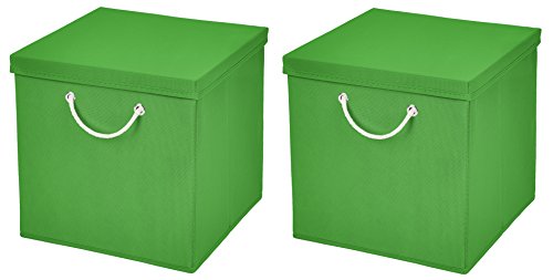 CM3 2 Stück Grün Faltbox 30 x 30 x 30 cm Aufbewahrungsbox faltbar mit Kordel und mit Deckel von CM3