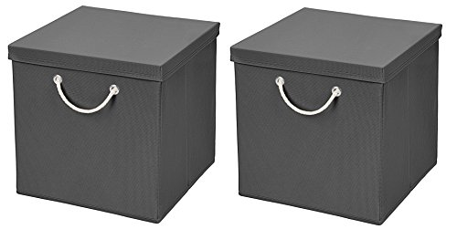 CM3 2 Stück Dunkelgrau Faltbox 30 x 30 x 30 cm Aufbewahrungsbox faltbar mit Kordel und mit Deckel von CM3