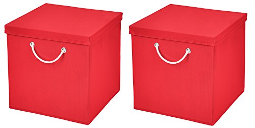 CM3 2 Stück Rot Faltbox 30 x 30 x 30 cm Aufbewahrungsbox faltbar mit Kordel und mit Deckel von CM3