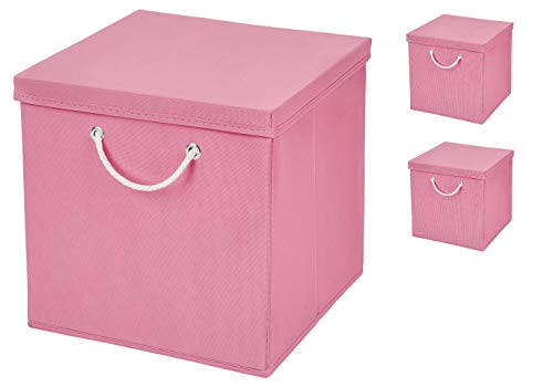 CM3 3 Stück Rosa Faltbox 30 x 30 x 30 cm Aufbewahrungsbox faltbar mit Kordel und mit Deckel von CM3