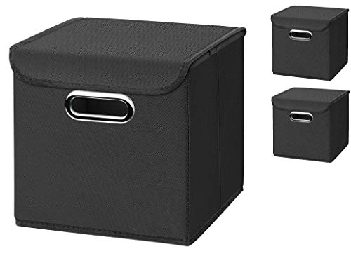 CM3 3 Stück Schwarz Faltbox 25 x 25 x 25 cm Aufbewahrungsbox faltbar, mit Deckel von CM3