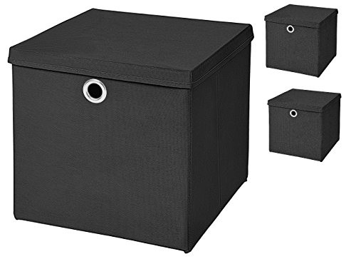 CM3 3 Stück Schwarz Faltbox 33 x 33 x 33 cm Aufbewahrungsbox faltbar mit Deckel von CM3