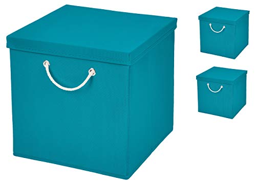 CM3 3 Stück Türkis Faltbox 30 x 30 x 30 cm Aufbewahrungsbox faltbar mit Kordel und mit Deckel von CM3