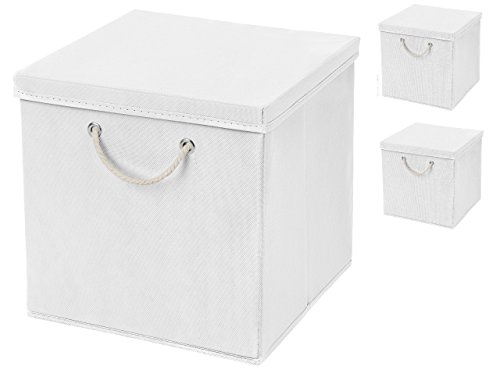 CM3 3 Stück Weiß Faltbox 30 x 30 x 30 cm Aufbewahrungsbox faltbar mit Kordel und mit Deckel von CM3