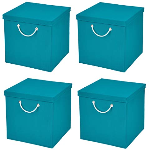 CM3 4 Stück Türkis Faltbox 30 x 30 x 30 cm Aufbewahrungsbox faltbar mit Kordel und mit Deckel von CM3
