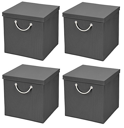 CM3 4 Stück Dunkelgrau Faltbox 30 x 30 x 30 cm Aufbewahrungsbox faltbar mit Kordel und mit Deckel von CM3