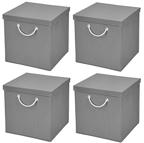 CM3 4 Stück Hellgrau Faltbox 30 x 30 x 30 cm Aufbewahrungsbox faltbar mit Kordel und mit Deckel von CM3