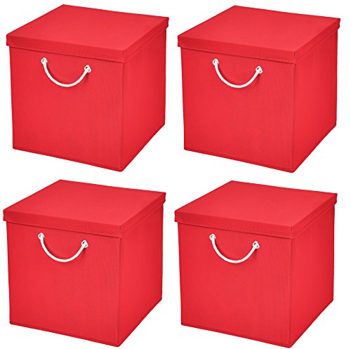 CM3 4 Stück Rot Faltbox 30 x 30 x 30 cm Aufbewahrungsbox faltbar mit Kordel und mit Deckel von CM3
