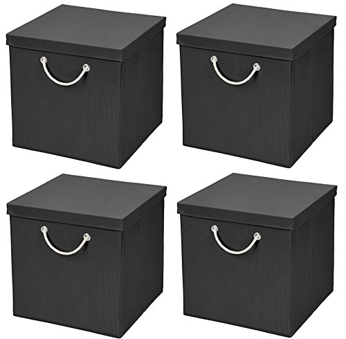 CM3 4 Stück Schwarz Faltbox 30 x 30 x 30 cm Aufbewahrungsbox faltbar mit Kordel und mit Deckel von CM3