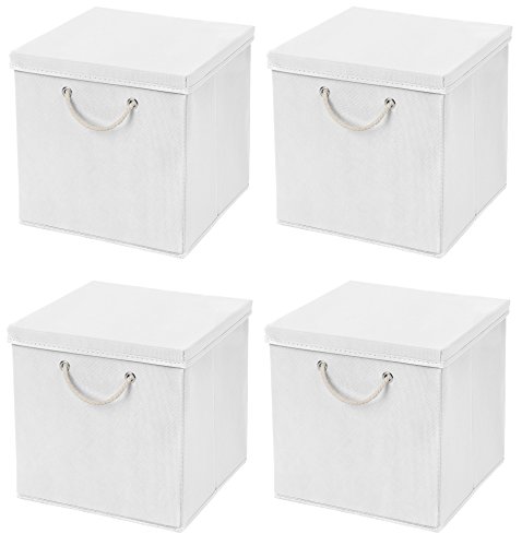 CM3 4 Stück Weiß Faltbox 30 x 30 x 30 cm Aufbewahrungsbox faltbar mit Kordel und mit Deckel von CM3