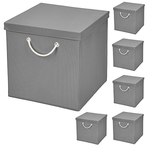 CM3 6 Stück Hellgrau Faltbox 30 x 30 x 30 cm Aufbewahrungsbox faltbar mit Kordel und mit Deckel von CM3