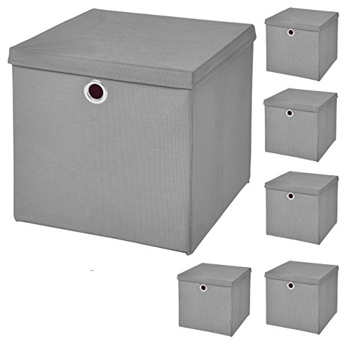 CM3 6 Stück Hellgrau Faltbox 32 x 32 x 32 cm Aufbewahrungsbox faltbar mit Deckel von CM3