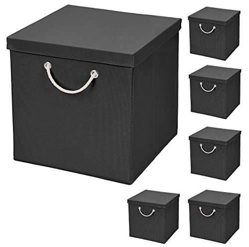 CM3 6 Stück Schwarz Faltbox 30 x 30 x 30 cm Aufbewahrungsbox faltbar mit Kordel und mit Deckel von CM3