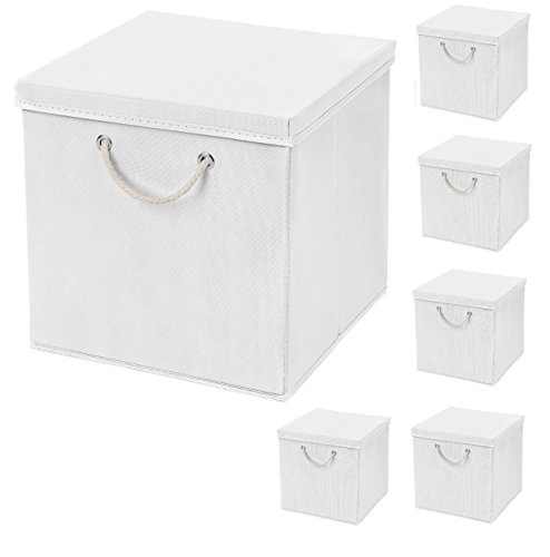 CM3 6 Stück Weiß Faltbox 30 x 30 x 30 cm Aufbewahrungsbox faltbar mit Kordel und mit Deckel von CM3