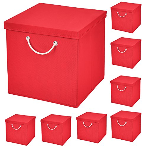 CM3 8 Stück Rot Faltbox 30 x 30 x 30 cm Aufbewahrungsbox faltbar mit Kordel und mit Deckel von CM3