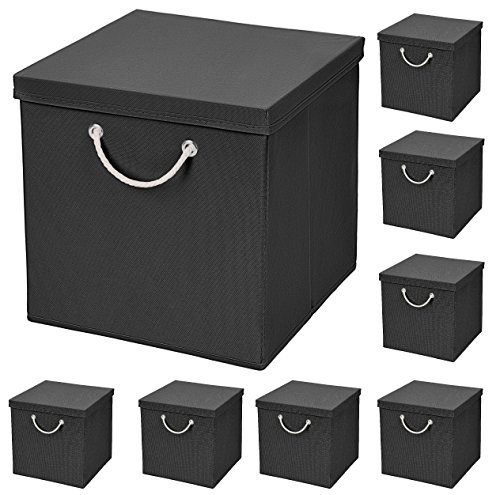 CM3 8 Stück Schwarz Faltbox 30 x 30 x 30 cm Aufbewahrungsbox faltbar mit Kordel und mit Deckel von CM3