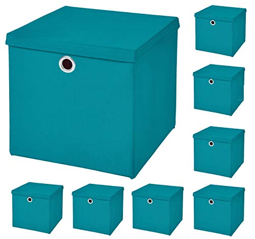 CM3 8 Stück Türkis Faltbox 28 x 28 x 28 cm Aufbewahrungsbox faltbar mit Deckel von CM3