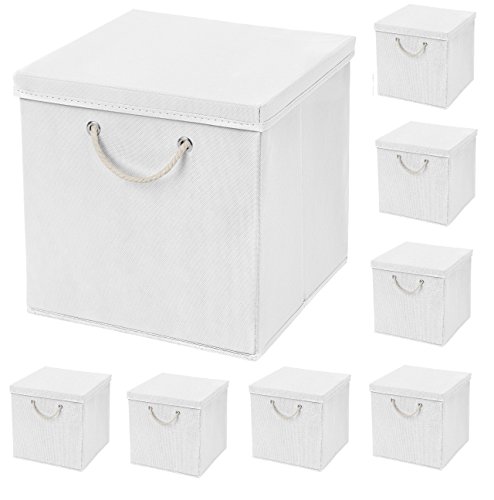 CM3 8 Stück Weiß Faltbox 30 x 30 x 30 cm Aufbewahrungsbox faltbar mit Kordel und mit Deckel von CM3