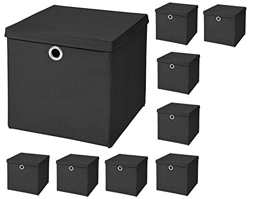 CM3 9 Stück Schwarz Faltbox 33 x 33 x 33 cm Aufbewahrungsbox faltbar mit Deckel von CM3