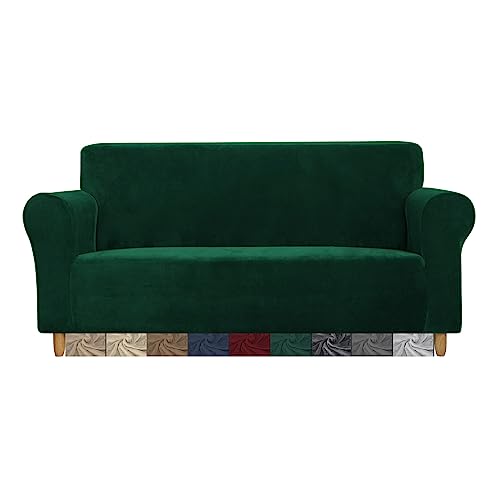 CMAKER Samt-Sofabezug, Couchbezug, 3-Sitzer, Stretch-Couchbezug mit rutschfester, elastischer Unterseite, Möbelschutz, Sofa-Schonbezüge Couchbezug für Haustiere (3-Sitzer, dunkelgrün) von CMAKER