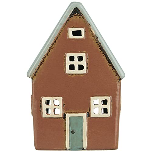 Ländliches Teelichthaus im skandinavischen Stil. Modell NYHAVN LEMVIK. Rustikales Design, für alle Teelichter geeignet. Keramik mit gebrannten Farben, Braun, Größe 15 x 10 x 7 cm. von CmD