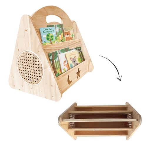 CMINAUS Montessori Bücherregal für Kinder, doppelseitig gewelltes Rattan-Bücherregal, kleines Holzregal mit gewelltem Rand für Kinderzimmer, Klassenzimmer, Wohnzimmer, 43 x 40 x 33 cm von CMINAUS