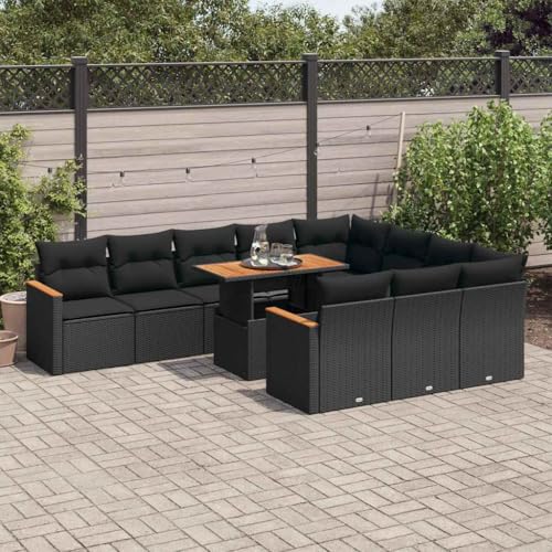 CMOLVUR Outdoor-Möbel-Set, 11-teiliges Gartensofa-Set mit Kissen, Polyrattan-Akazie, Schwarz von CMOLVUR