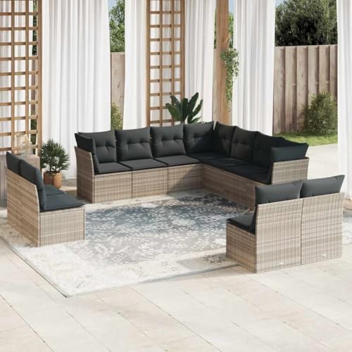 CMOLVUR Outdoor-Möbelsets, 11-teiliges Gartensofa-Set mit Kissen, hellgrau, Polyrattan von CMOLVUR