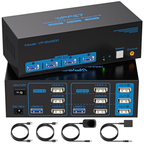 8K60Hz HDMI KVM Switch 2 PC 3 Monitore USB3.0 KVM Umschalter mit 4 USB Ports Für Zwei Computer, die sich 3 Monitore und 4 USB-Geräte teilen Unterstützung von Extended & Copy Mode mit 2xUSB-Kabeln von CMSTEDCD
