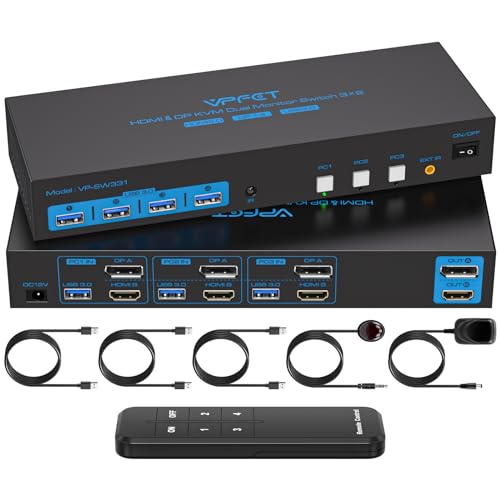 CMSTEDCD USB 3.0 HDMI+Displayport KVM Switch 3 PC 2 Monitore 4K60Hz KVM-Umschalter mit 4 USB Ports Für Triple Computer, die sich 2 Monitor und Vier Peripheriegeräte mit 3xUSB Kabeln und Netzadapter von CMSTEDCD