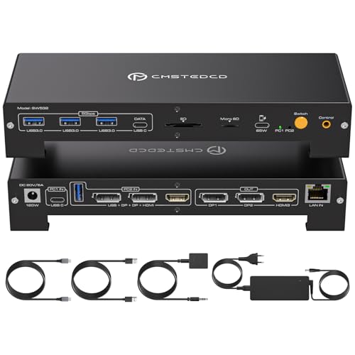 CMSTEDCD USB C KVM Docking Station für Laptop & Desktop 100W PD 4K60Hz HDMI Displayport KVM Switch 2 PC 3 Monitore 16-in-1, 1000Mbps Ethernet, 3xUSB 3.0, USB-C, 65W PD, SD Card Slot von CMSTEDCD