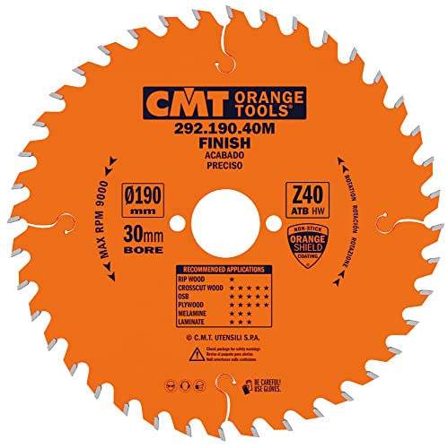 CMT Orange Tools Kreissägeblatt Feinschnitt HW 190 x 2,6 / 1,6 x 30 Z=40 15° ATB - 292.190.40M - für Querschnitte von CMT