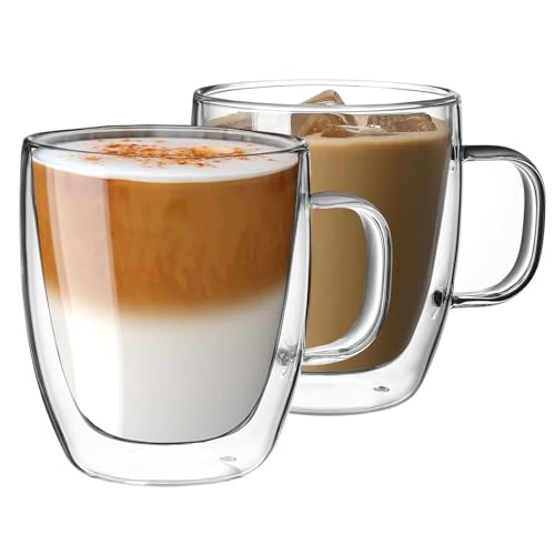 CMXING Doppelwandige Latte Macchiato Gläser Set 2er Set 350ML Kaffeeglas Teegläser mit Henkel Borosilikatglas Kaffeetassen Glas für Cappuccino,Tee,Sodawasser,Milch,kaltes Getränk von CMXING