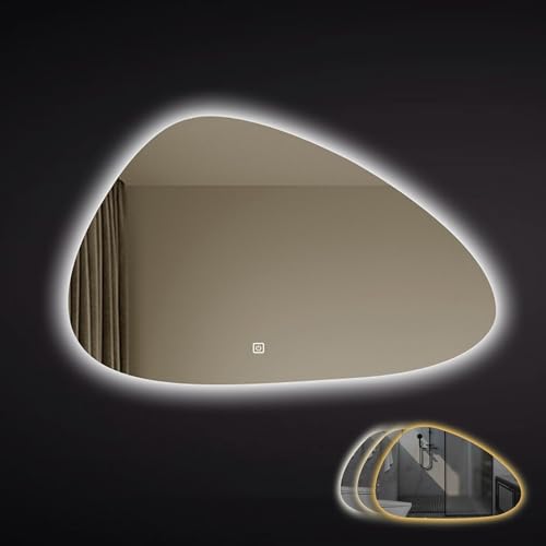 Beleuchteter Badspiegel mit Beleuchtung, Schminkspiegel, Moderner, Rahmenloser, Asymmetrischer, Abgeschrägter Dekorativer Spiegel Wand – Polierte Kanten ( Color : 3 colors+dimmable , Size : 60*80cm ) von CMYAOYC