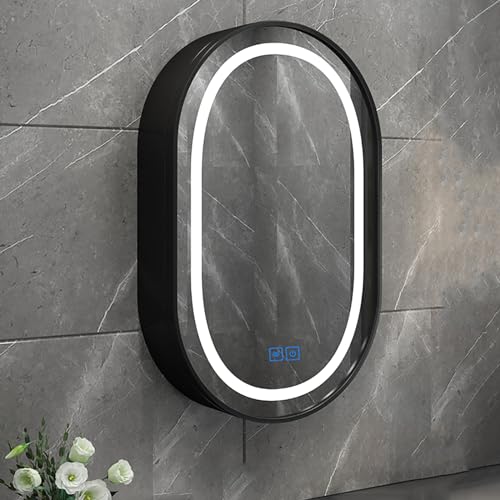 CMYAOYC Ovaler Led-Spiegelschrank, Beschlagfreier Badezimmer Spiegelschrank mit Licht, 3-Farbiger Wandmontierter Aufbewahrungsschrank mit Spiegel, Smart Touch-Schalter (Color : Negro, Size : Open le von CMYAOYC