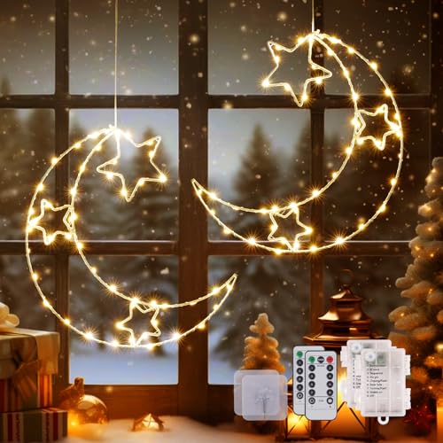 100 LED Sterne Weihnachtsbeleuchtung Fenster, 8 Modi Weihnachtsdeko Fenster mit Fernbedienung & Timer - Batterie Lichterkette Fenster Weihnachtsstern Fenster mit 2 Klebehaken für Innen (2 Stück) von CMYK
