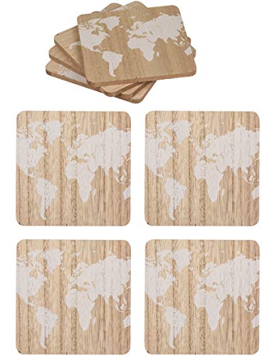 CN Untersetzer Getränkeuntersetzer Glasuntersetzer Tischuntersetzer Bierdeckel »Weltkarte« Quadratisch Holz 9.5·9.5cm Braun Weiß 4er Set von CN