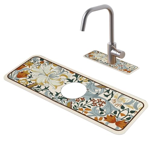 Spüle Splash Guard Super absorbierende Wasserhahn Entlassungsmatte Nicht-Rutsch Vintage Blumendruck Waschbecken Wasserhahn Matte Kochteller Teller Trocknen für Küchenbad ... von CNAFGBGG