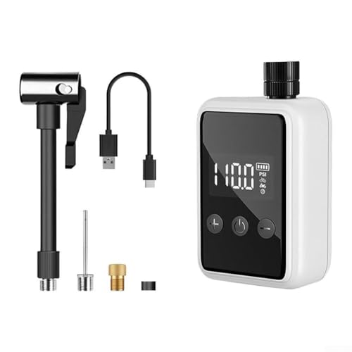 150 PSI Elektrische tragbare Fahrradreifenpumpe, LCD-Display, Auto-Stop-Funktion, wiederaufladbarer 500-mAh-Akku, Typ-C-Aufladung, inkl. flexiblem Schlauch und Ventil (weiß) von CNANRNANC