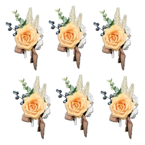 6 Stück Hochzeit Korsagen Retro Rose Boutonniere für Bräutigam und Trauzeugen Klassisches Design (Orange) von CNANRNANC