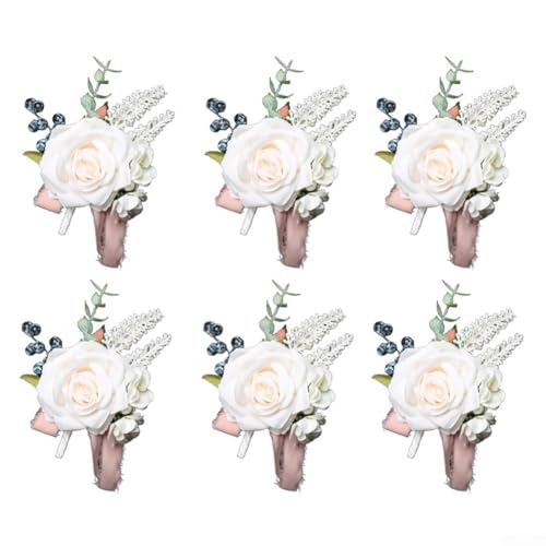 6 Stück Hochzeit Korsagen Retro Rose Boutonniere für Bräutigam und Trauzeugen Klassisches Design (Weiß) von CNANRNANC